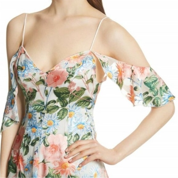 Alice + Olivia Alves Floral Cold Shoulder Silk Blend Dress size 10 - Picture 3 of 14